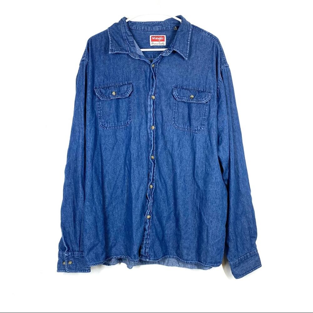 VINTAGE Wrangler Denim Western Button Up Shirt Blue Cowboy 2XL